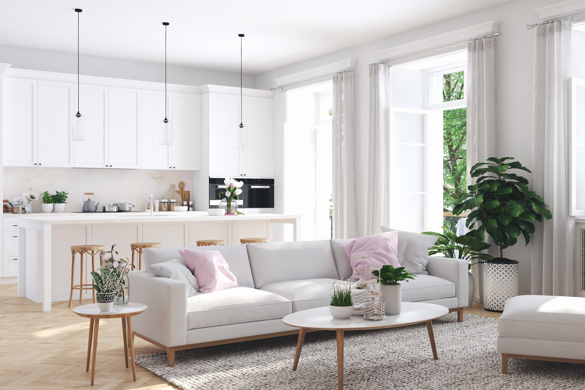 White open-concept living room and kitchen with open glass patio doors