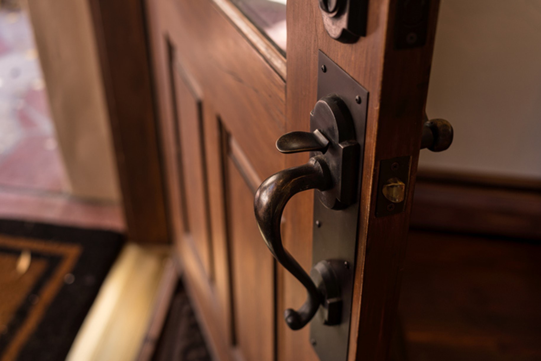 A close up of an open door