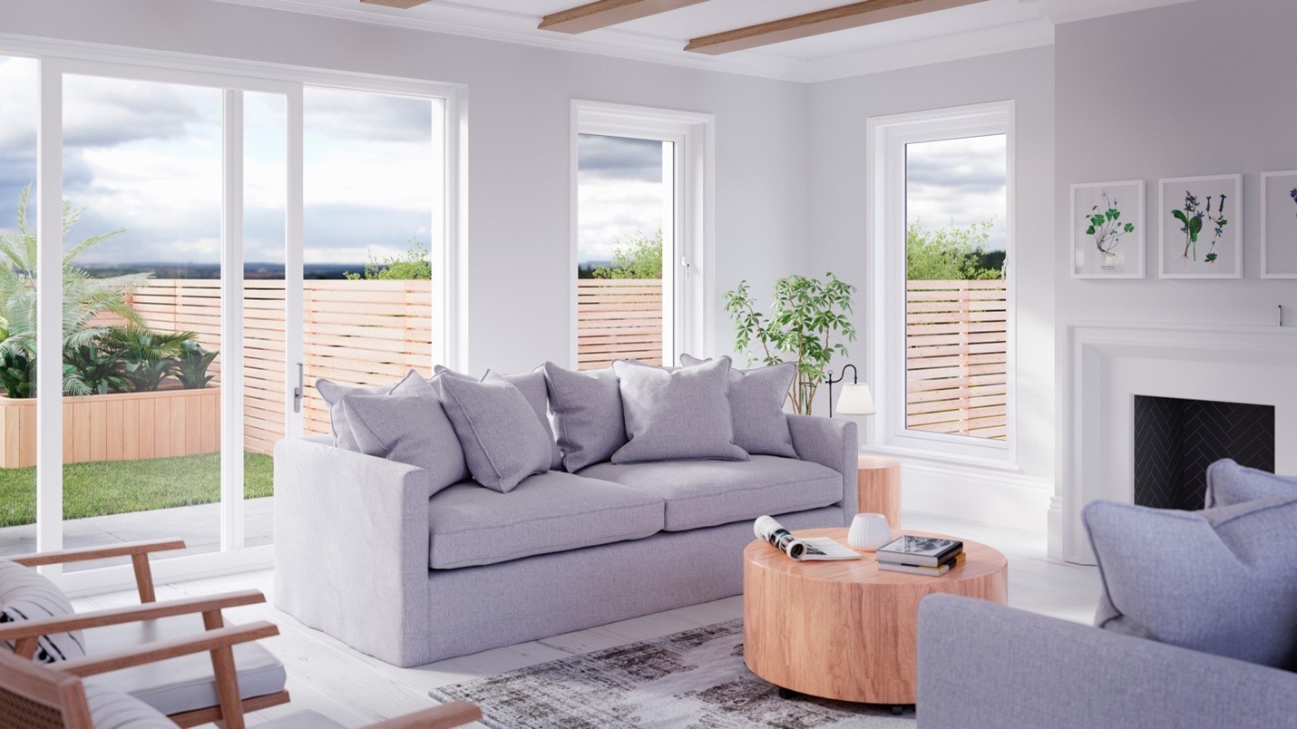 An airy living space lightened by large casement windows and vinyl sliding patio doors