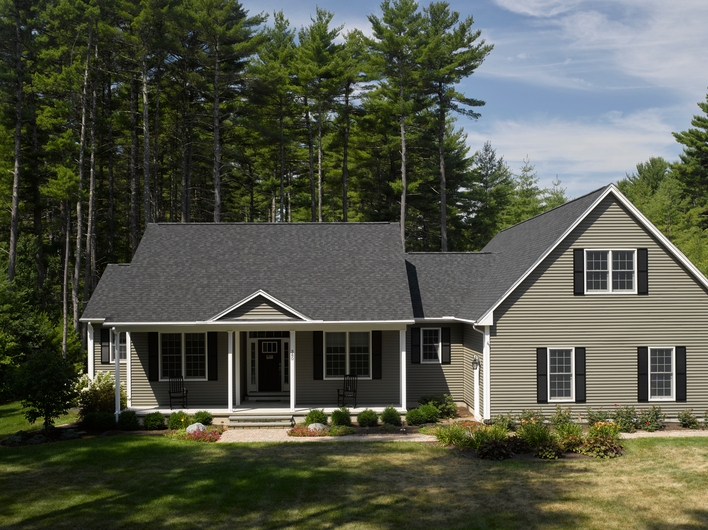 A green house with a dark-colored shingle roof and shutters situated among a lot of trees.