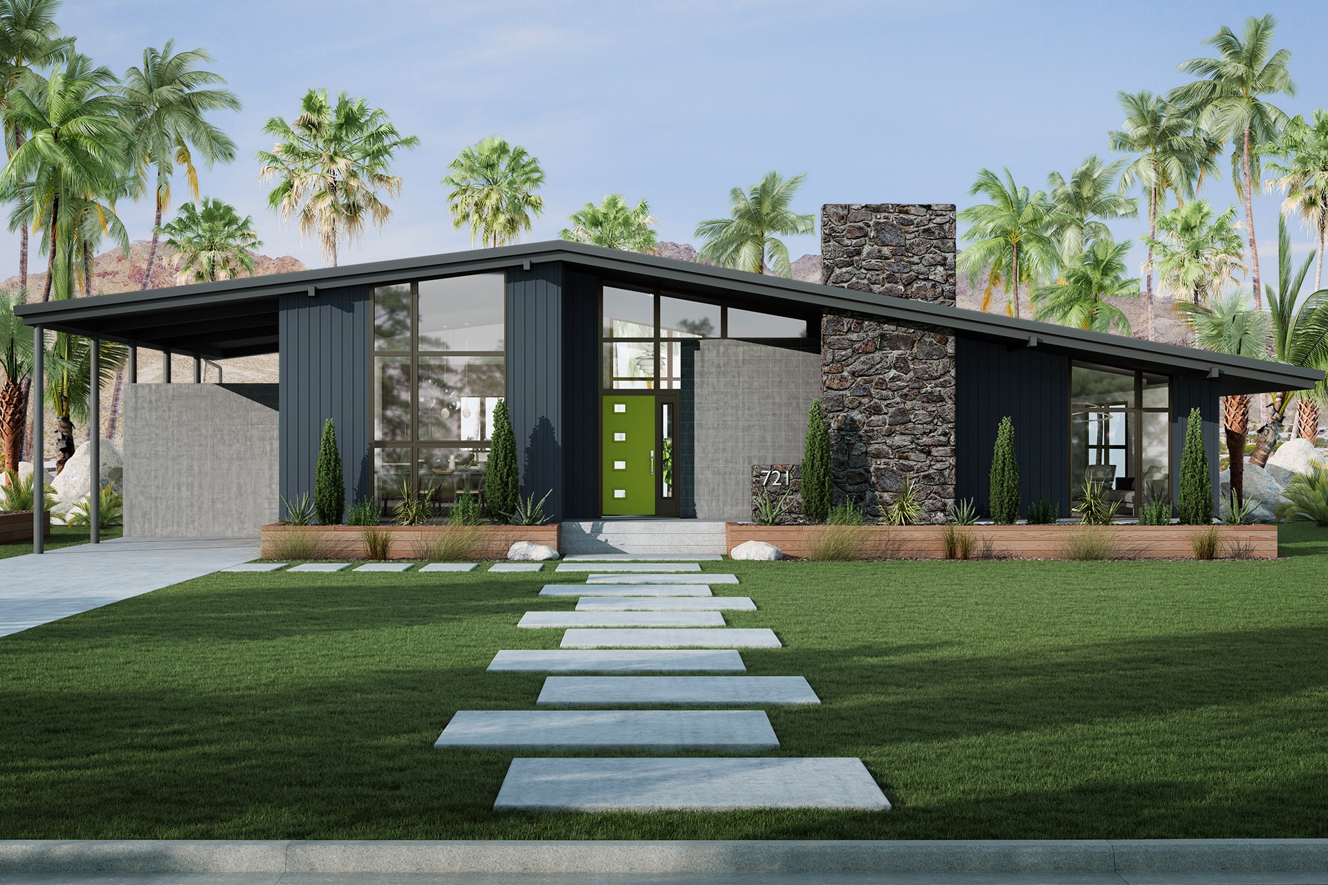 A mid-century modern home with exterior features that include large windows, a sloped roof, and a bright green door