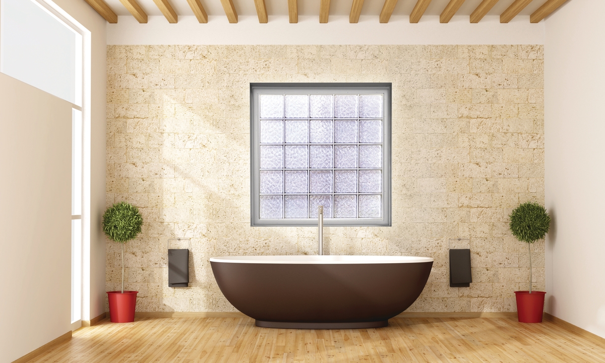 A bathroom picture window made from acrylic block