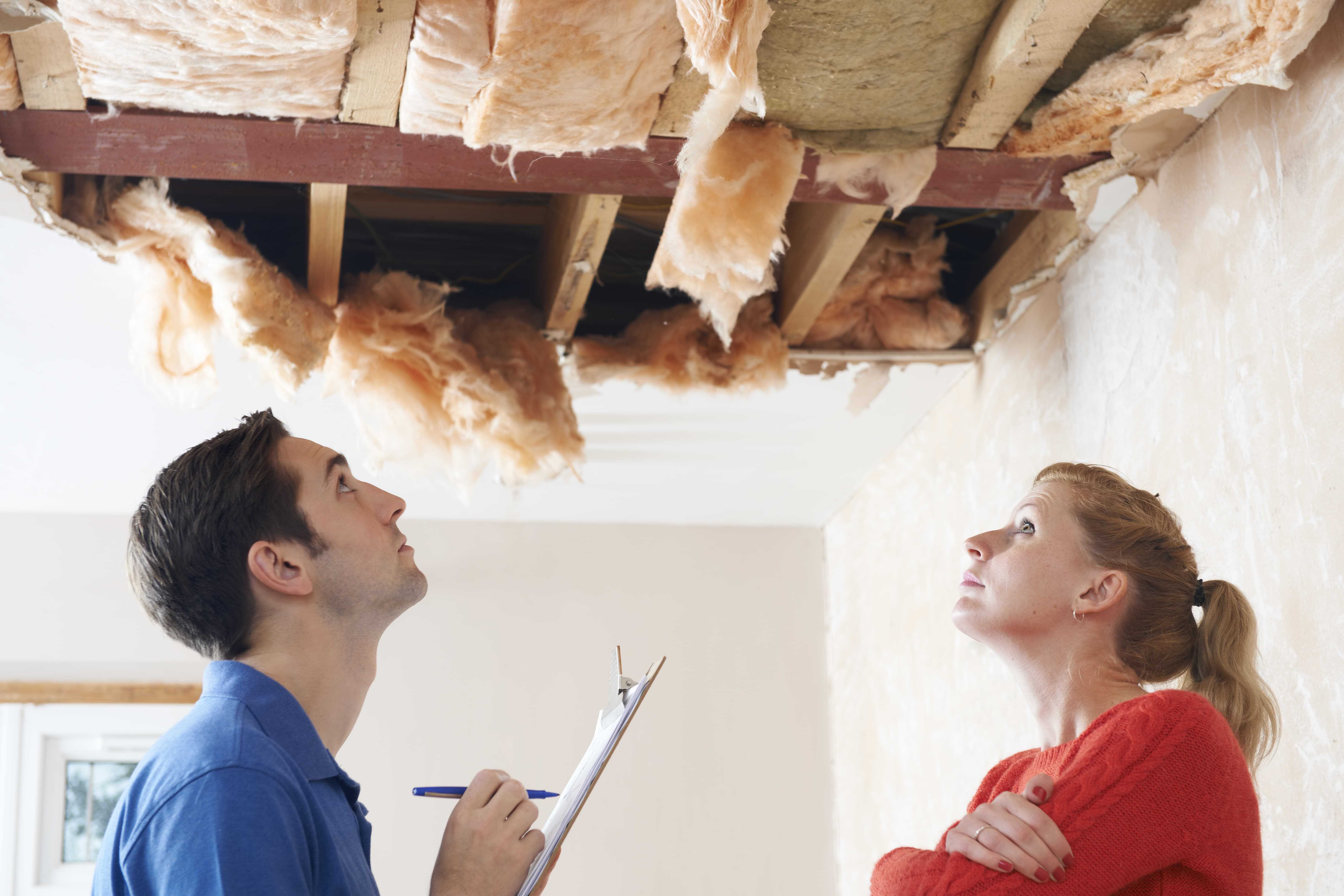 A home inspector and a new homeowner looking at exposed insulation.