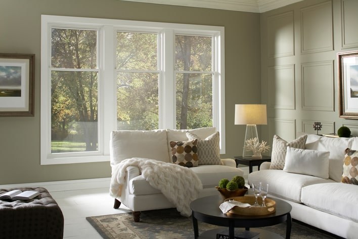 Big white living room window overlooking trees in a yard