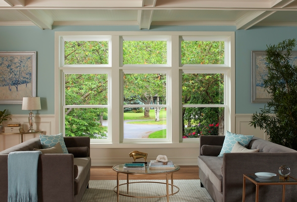 View through living room windows in summer