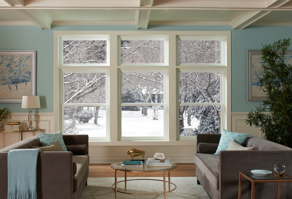 View through living room windows in winter