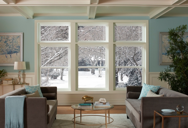 View through living room windows in winter View through living room windows in winter