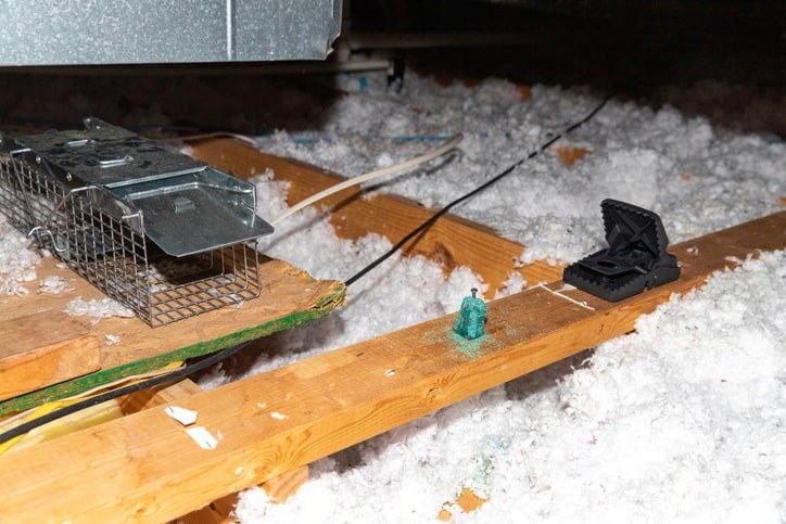 An attic space with wooden planking, wires, insulation, and a metal cage.