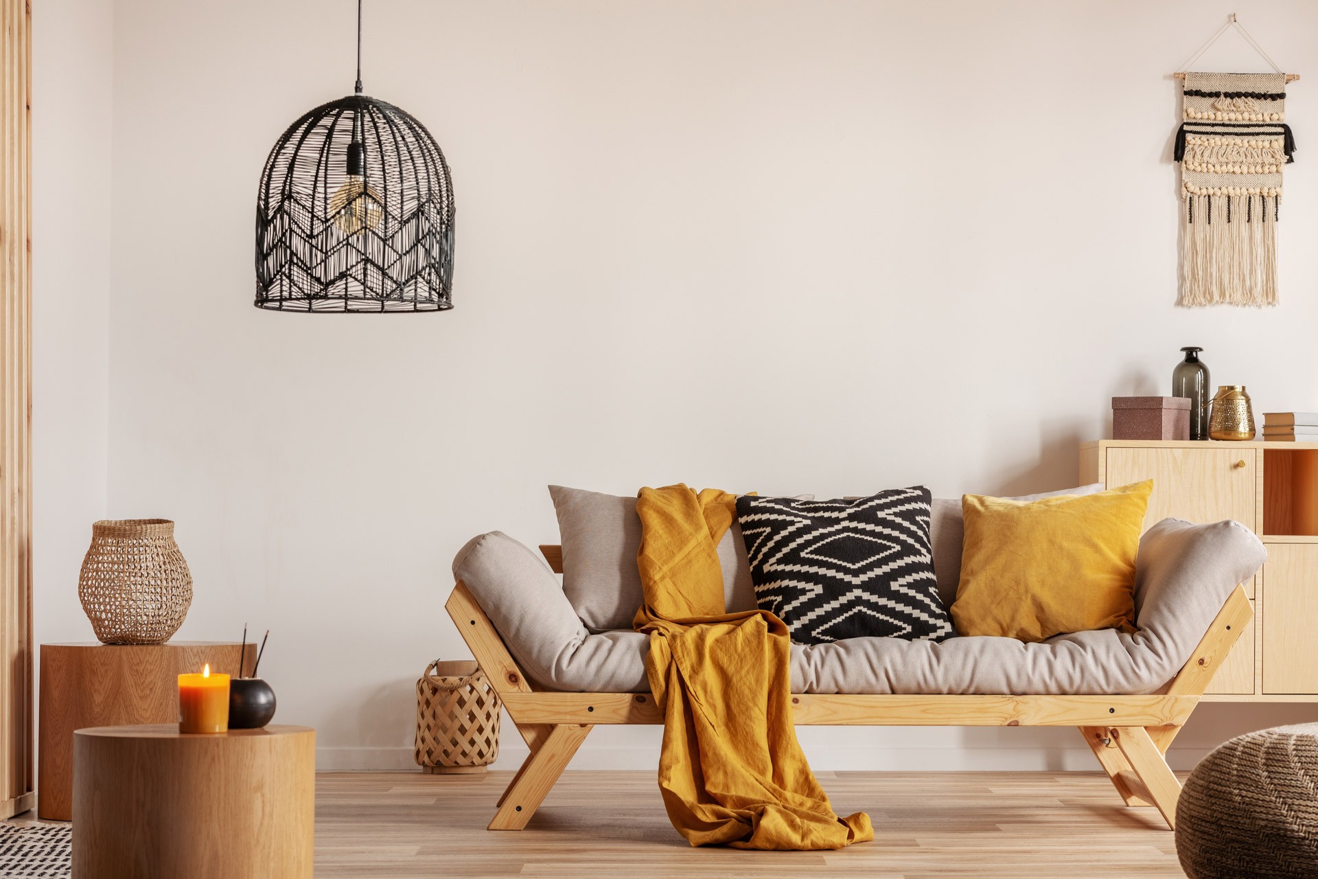 Boho chic living room with black accents