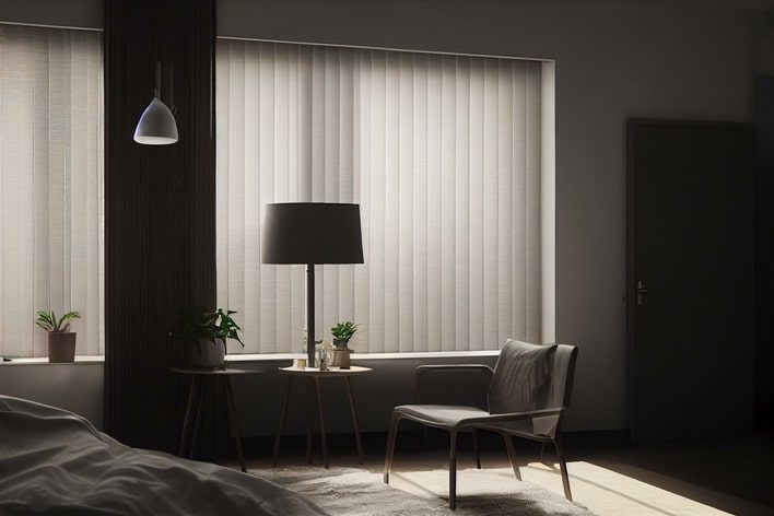 A neutral-toned bedroom with minimalistic furniture and large windows that are covered by vertical cellular shades.