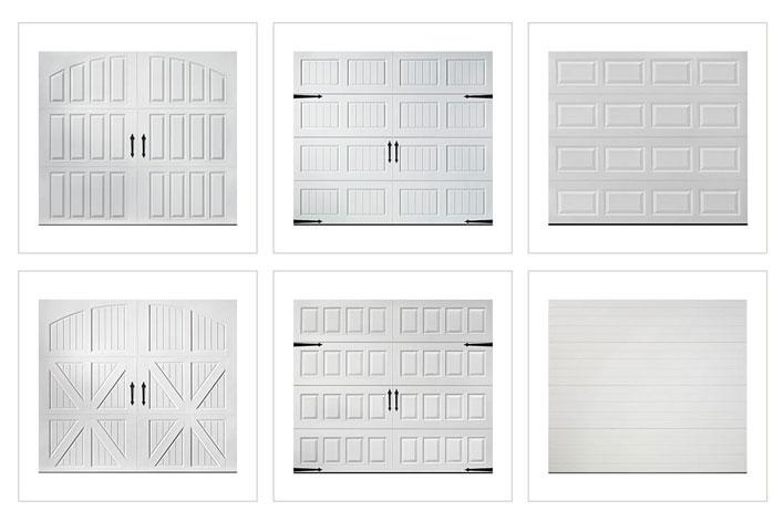 Collection of six different garage door designs, all in white