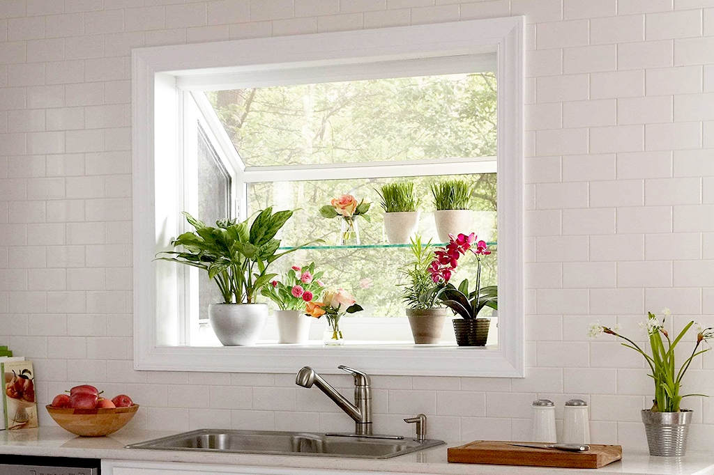 Kitchen garden window with shelf space