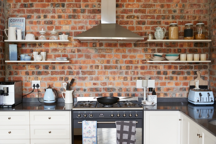 Floating shelves in a kitchen