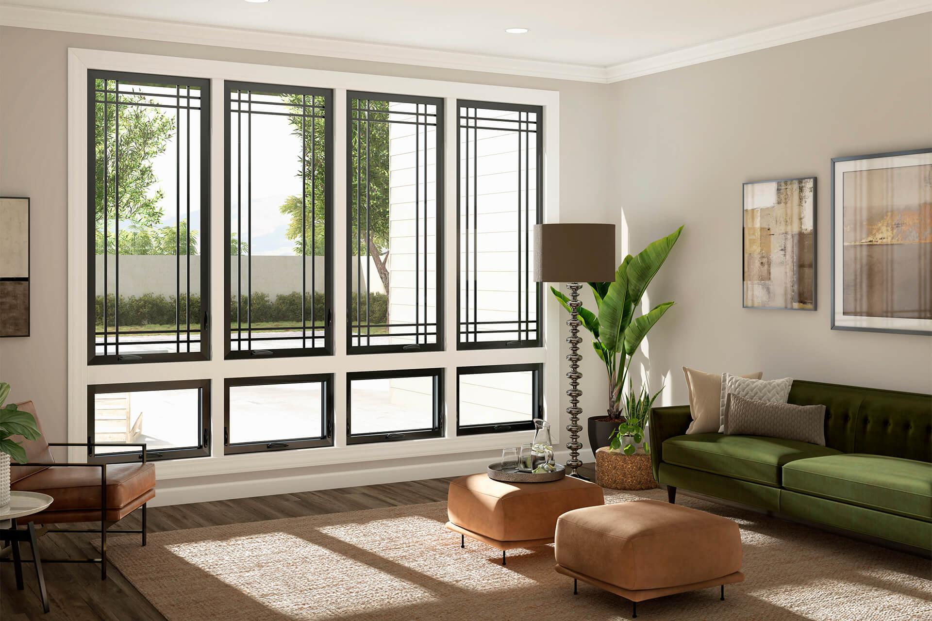 Modern living room design with energy-efficient windows