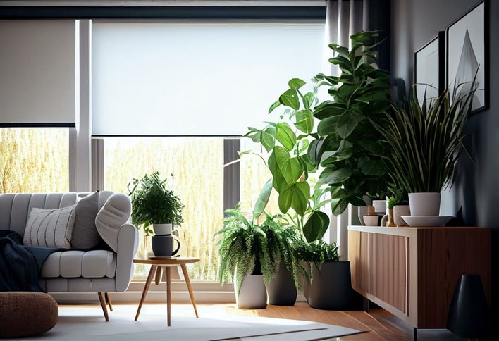 The living room of a modernly decorated home that has lots of plants and large walls of windows that can be covered with roller shades.