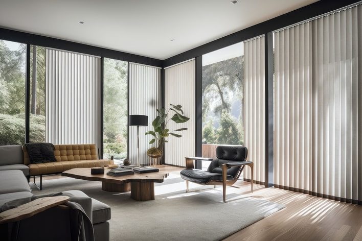 The living room of a very modernly designed home that has walls fully made of windows that can be covered by sliding panel blinds.
