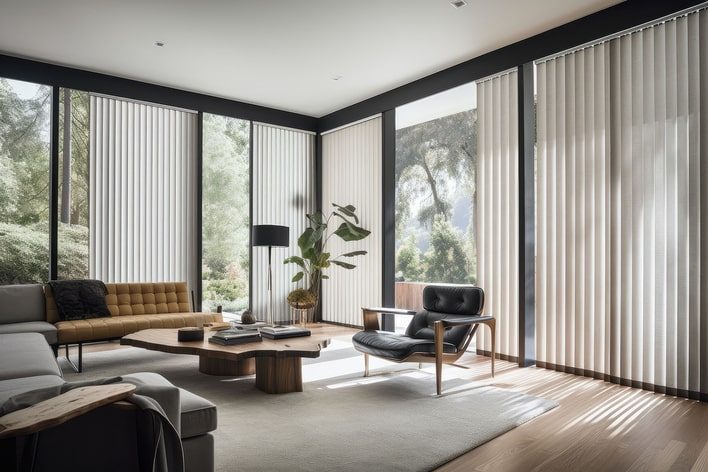The living room of a very modernly designed home that has walls fully made of windows that can be covered by sliding panel blinds. The living room of a very modernly designed home that has walls fully made of windows that can be covered by sliding panel blinds.