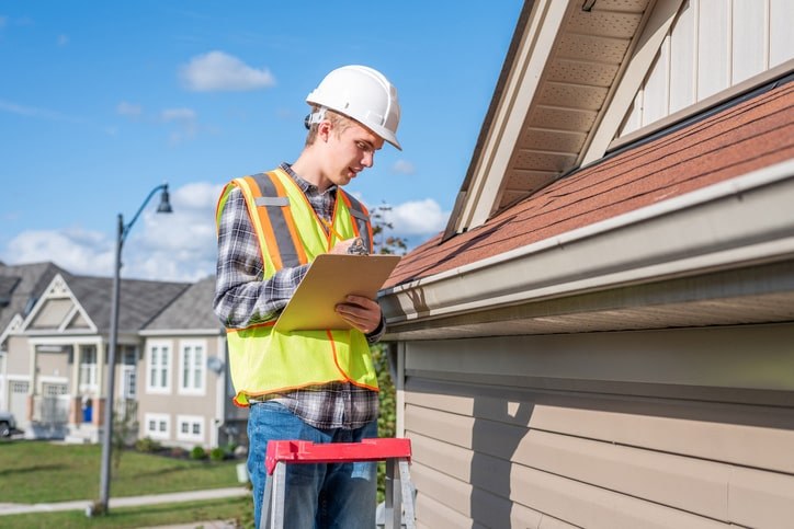 A person in a hard hat examining the roof of a house