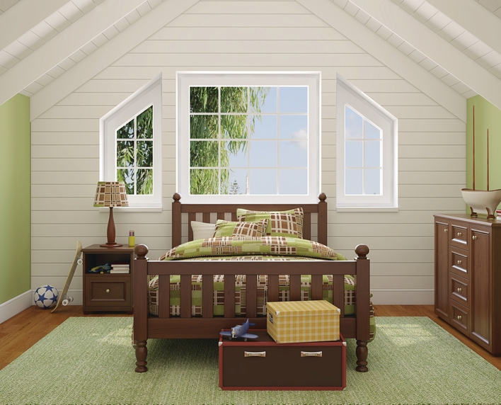 Architectural shape windows in a bedroom