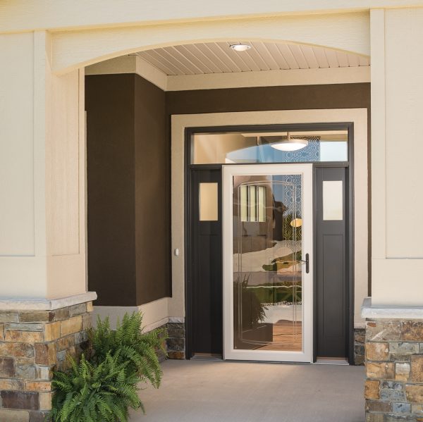 Glass storm door with transom and sidelites