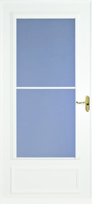 White Retractable Screen Storm Door with Curved Brass Handle