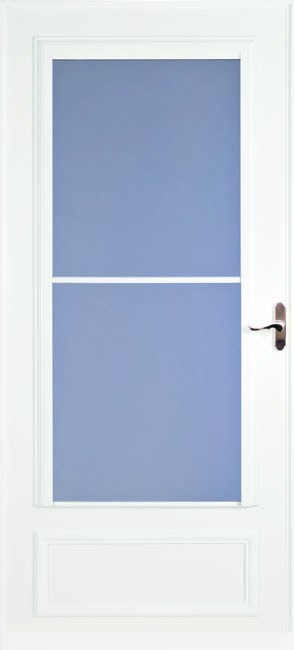 White Retractable Screen Storm Door with Curved Brushed Nickel Handle