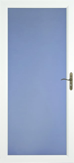 White glass storm door with a curved antique brass door handle