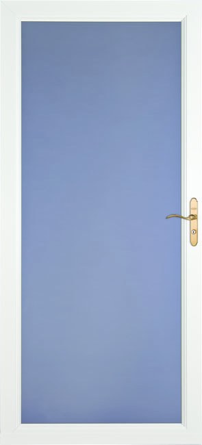 White storm door with a curved brass door handle