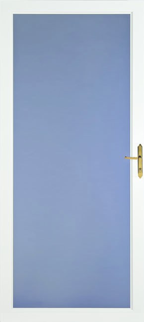 White full view storm door with a brass door handle